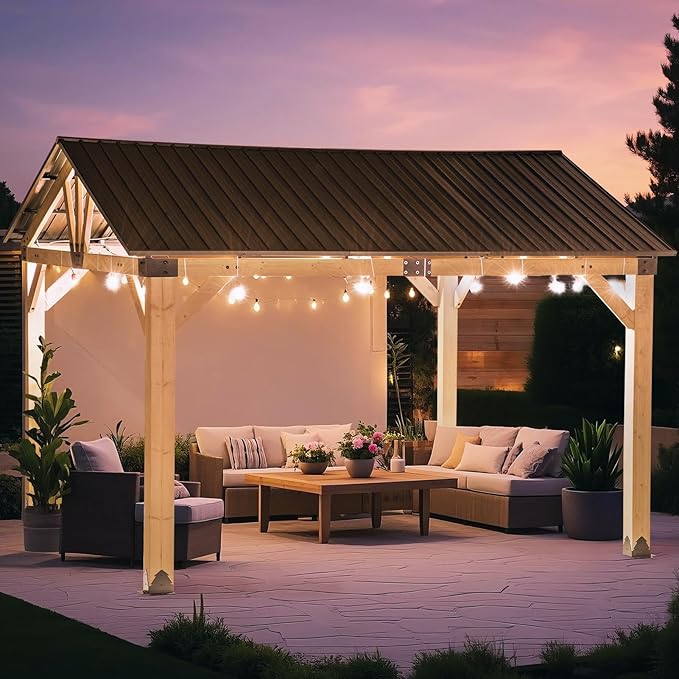 CHARMELEON Wood Gazebo 10x12 FT – Hardtop Metal Roof Patio Cedar Gazebo with Wood Frame for Outdoor– Gable Roof Pavilion para Patio, Backyard, Deck, Lawn and Garden