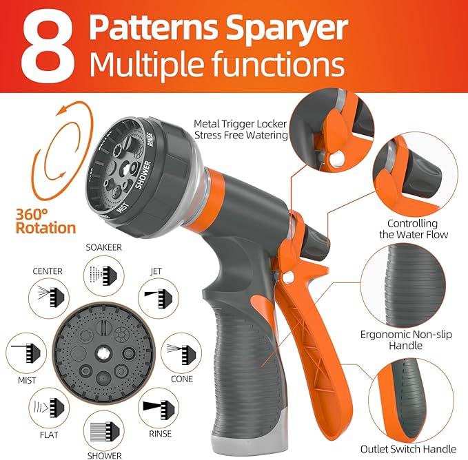 SPECILITE Garden Water Hose 25 ft x 5/8 in Heavy Duty, Flexible and Lightweight, Burst 600 psi, Kink-less Hybrid Rubber Pipe for Backyard, 3/4'' Brass Fittings, Orange