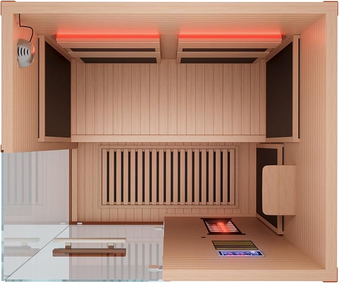 OnxyEdge 2-Person Full Spectrum Sauna with 6.5 * 6.5" Red Light Therapy & 2 Built-in Speakers, Indoor Dry Sauna 1990W/120V with Dual LED Controls for Home & Gym – Canadian Hemlock Spa Room (Wood)