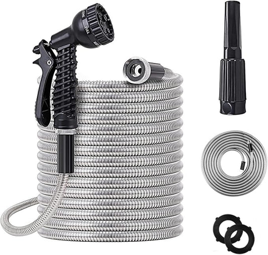25ft Metal Garden Hose Stainless Steel Heavy Duty Water Hose With 2 Nozzles, No Tangle and Kink, Lightweight & Flexible, Tough and Pet Proof, Metal Garden Hose for Yard, RV, Garden, Outdoor
