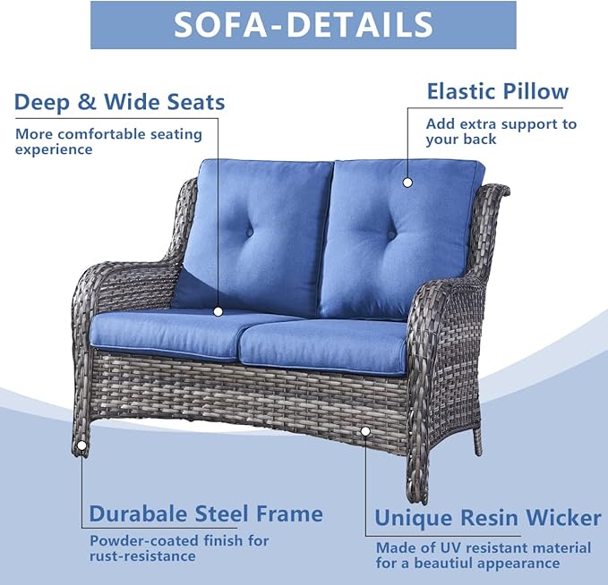 HUMMUH Outdoor Loveseat Sofa 2-Seat PE Rattan Patio Love Seat with Cushions,Deep Seat High Curved Back Armset Sectional Couch for Patio,Garden,Yard,Porch
