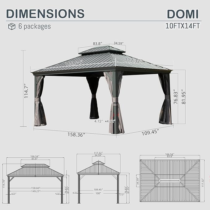 Domi 10' X 14' Hardtop Gazebo Metal Gazebo Canopy with Galvanized Steel Double Roof, Aluminum Frame, Curtains and Netting for Patio, Deck, Garden, Outdoor Shelter, Grey