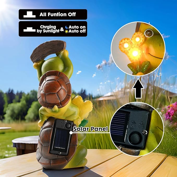 Garden Turtle Outdoor Statues, Solar Garden Statue Two Sweet Frog Face Turtles Decor with 3 LED Lights, for Patio Lawn Porch Yard,Gifts for Birthday, Easter, Housewarming