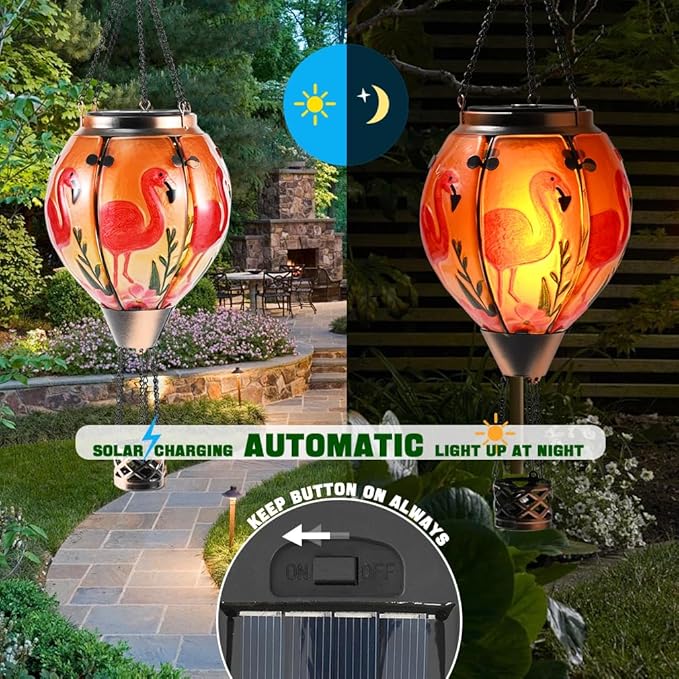 Hot Air Balloon Solar Lantern - Flamingo Stained Glass Lantern, Simulated Flickering & Dancing Flame, Outdoor Hanging Yard Light Waterproof IP65 for Patio Lawn Porch Decor Gift