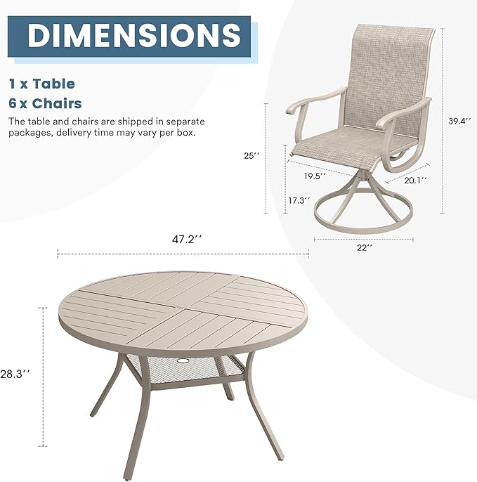 DIFY 7 Pieces Outdoor Patio Dining Set, 6 Sandshell Textilene Swivel Dining Chairs and 47.2" Sandshell Round Metal Dining Table, Outdoor Table and Chairs