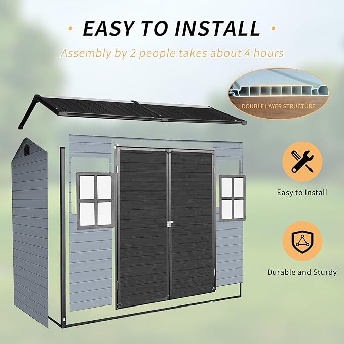 LANTRO JS 8x4FT Plastic Storage Shed with Floor, Storage Shed with Floor Included, 2 Windows and Lockable Door Sheds for Garden Tools, Bike