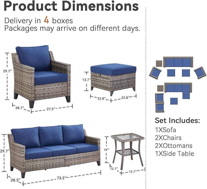 Patio Furniture Set, 6 Pieces Outdoor Wicker Rattan Sofa Couch with Rattan Chair, Side Table, Ottomans and Comfy Cushions, All Weather Patio Conversation Sets, Suit for Porch Deck Garden