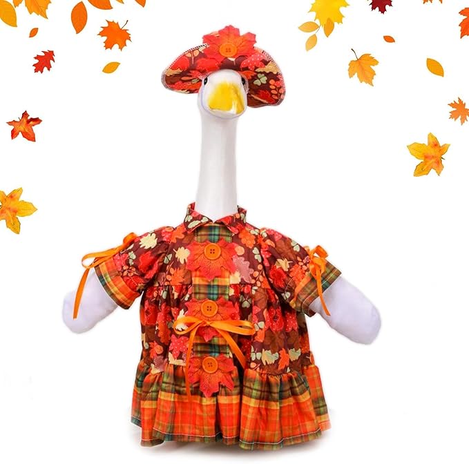 Fall Porch Goose Outfit Set for 23'' Plastic Statue Lawn Porch Goose Clothes with Thanksgiving Day Maple Leaf Skirt Hat Costume for Indoor Outdoor Patio Yard Lawn Art Decor