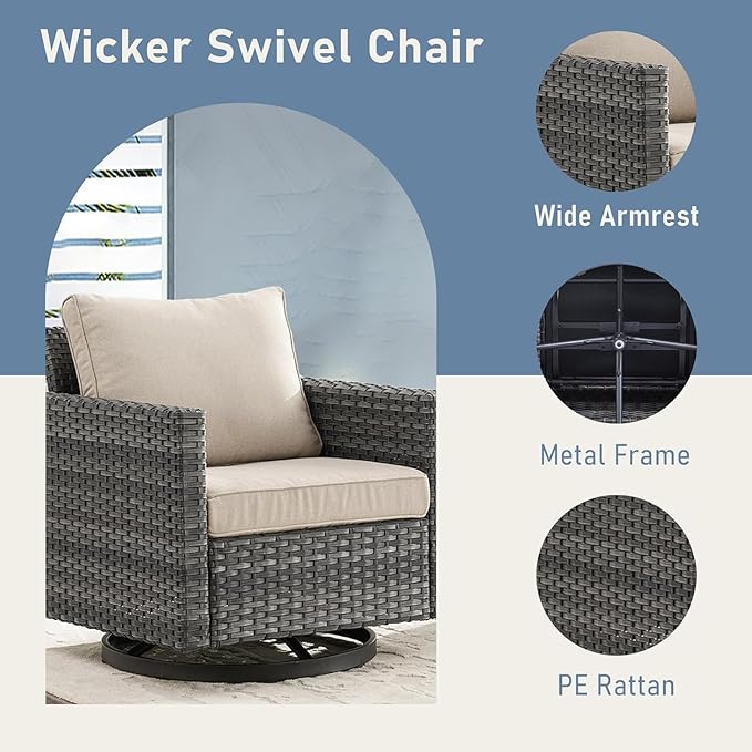 Wicker Patio Furniture Set, 6 PCS Outdoor Patio Furniture Set with Swivel Chairs, Includes 2 Swivel Patio Chairs, 1 Outdoor Couch, 1Side Table and 2 Ottoman, Grey/Beige