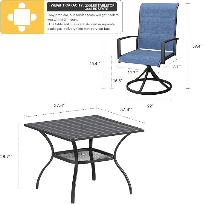 VICLLAX 5 Pieces Patio Dining Set, 4 Seats Outdoor Furniture Includes 37.8" Square Outdoor Table and 4 Swivel Patio Chairs, Black Tabletop and Blue Fabric