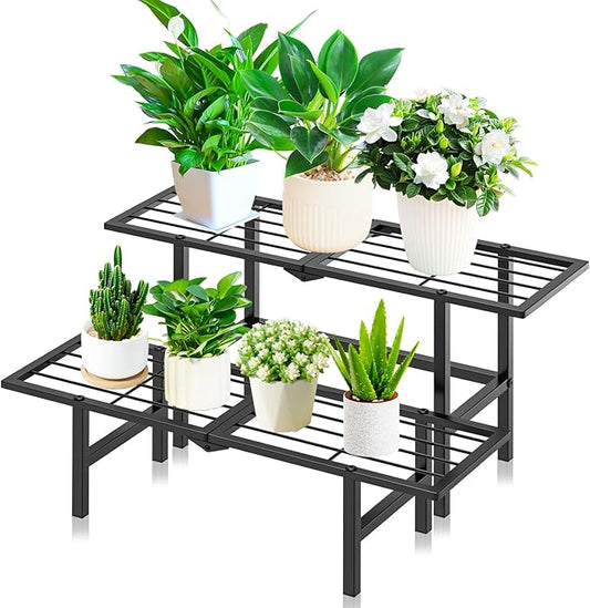 2 Tier Stackable Plant Stand Indoor Outdoor, Freestanding Tiered Folding Heavy Duty Metal Ladder Plant Shelf, Multiple Plant Pot Holder Display Rack for Living Room Garden Balcony Patio, Black