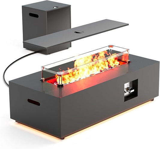 42" Outdoor Fire Pit Table, 50,000 BTU Gas Fire Pit with Glass Wind Guard, Fire Stones, Waterproof Cover, Propane Fire Pit Table for Outside Patio (Warm Light, Black)