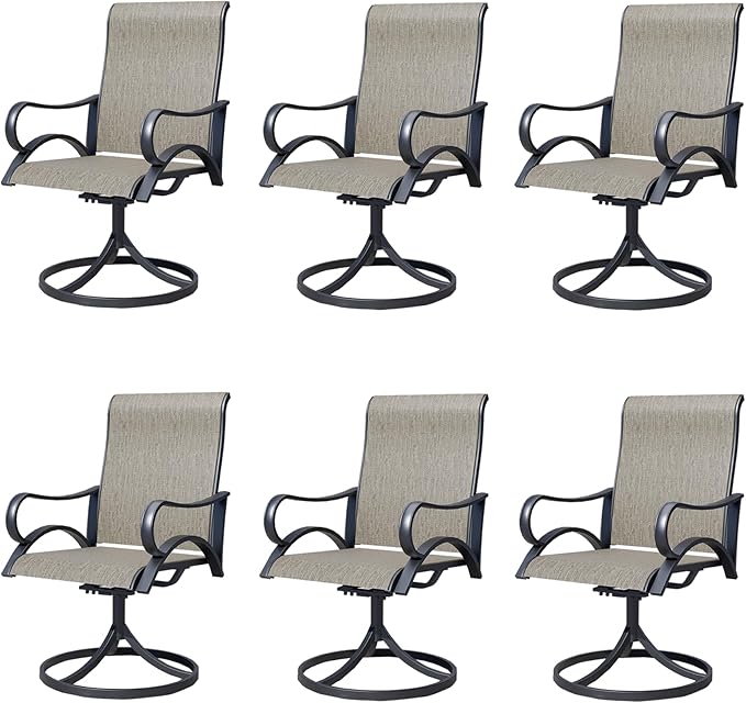 Outdoor Patio Swivel Dining Chairs Set of 6, All-Weather Swivel Rocker Chairs with Textilene High Back and Black Rust-Proof Metal Frame, Perfect for Patio, Lawn, Garden, or Backyard, Brown
