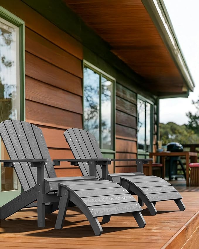 YEFU Adirondack Chairs Set of 2: Plastic Adirondack Chairs - Patio Chairs with Wood Texture - Outdoor Chair HIPS - Lawn Fire Pit Deck Porch Garden Chairs for Adults(Grey)