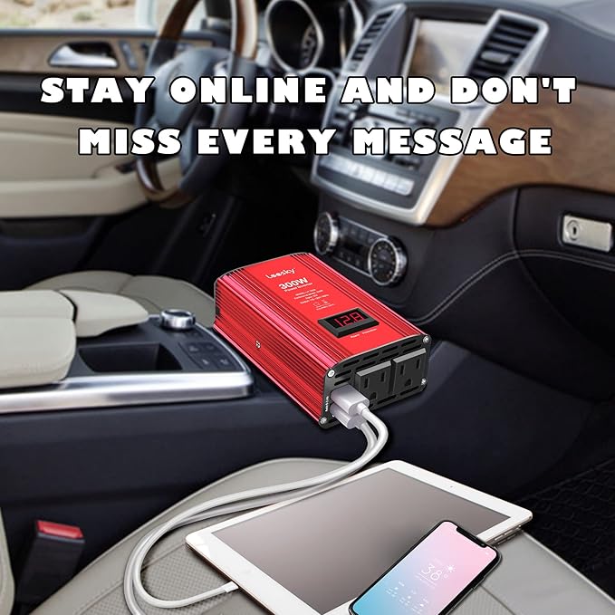 300W Car Power Inverter 12V DC to 110V AC Car Converter Adapter with LCD Display for Car Battery Status Monitor and Smart Fan Dual 4.8A USB Ports 2 AC Outlets LEESKY