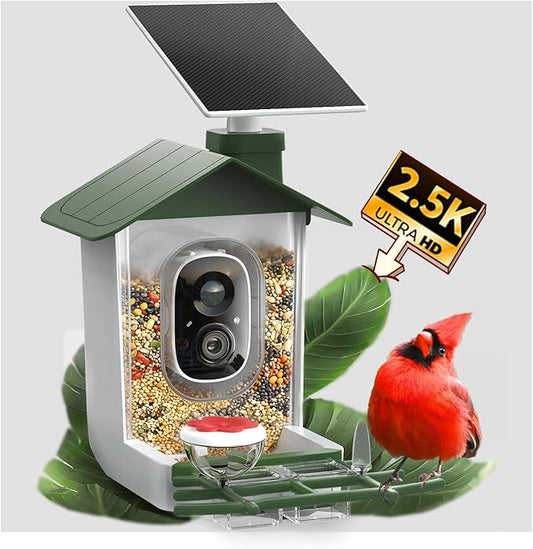 COOAU 5MP Smart Bird Feeder with Camera, Faster Solar Powered Charging, Outdoor Birdhouse Cam with Precise AI Birds Recognition, Live Video Watching and Notifications, Ideal Gift for Bird Lovers,Green