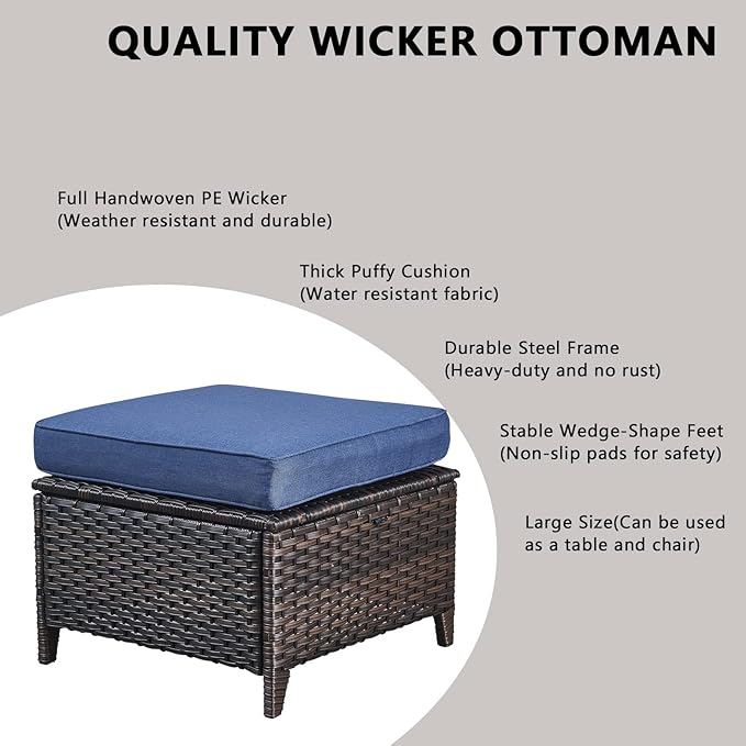 Rilyson Wicker Outdoor Patio Furniture Set - 8 Piece Patio Conversation Sets with Swivel Rocker Chairs, Ottomans, Sofa and Table, 6 inch Cushions, Deep Seating, for Porch Deck Brown/Blue