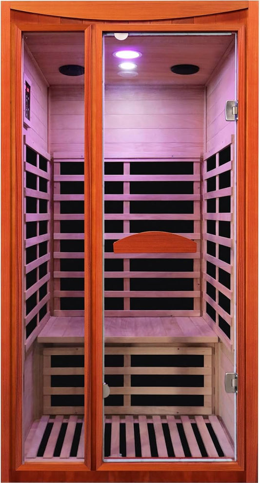 Sauna, Far Infrared Saunas for Home Room 1550W/110V Indoor Sauna for Single Person Okoume Wood Sauna Spacious 1 - 2 Person Low EMF Dry Sauna with Speakers/Air Hole and Color Lighting 39.4*35.4*74.8 IN