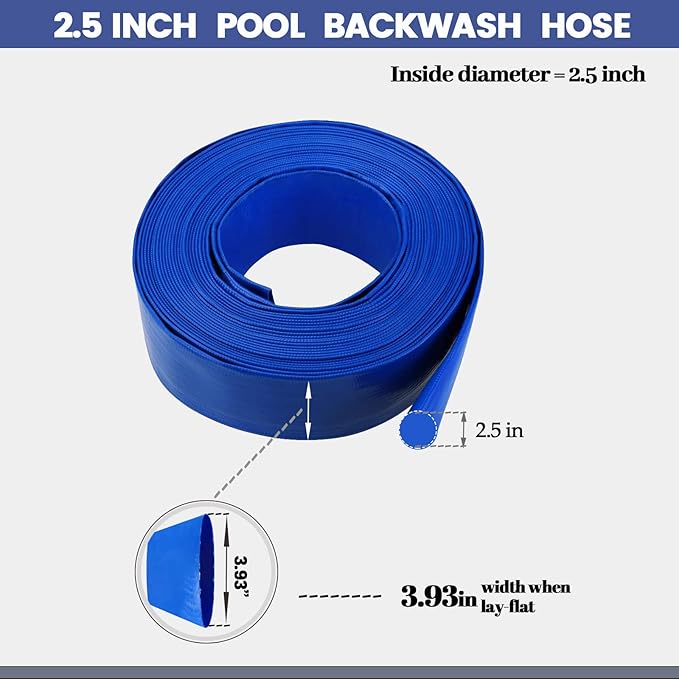 Eastrans 2.5" x 25 FT Blue PVC Lay-Flat Backwash Hose for Swimming Pools, Heavy Duty Discharge Hose Reinforced Pool Drain Hose, Weather Resistant Ideal for Water Transferring
