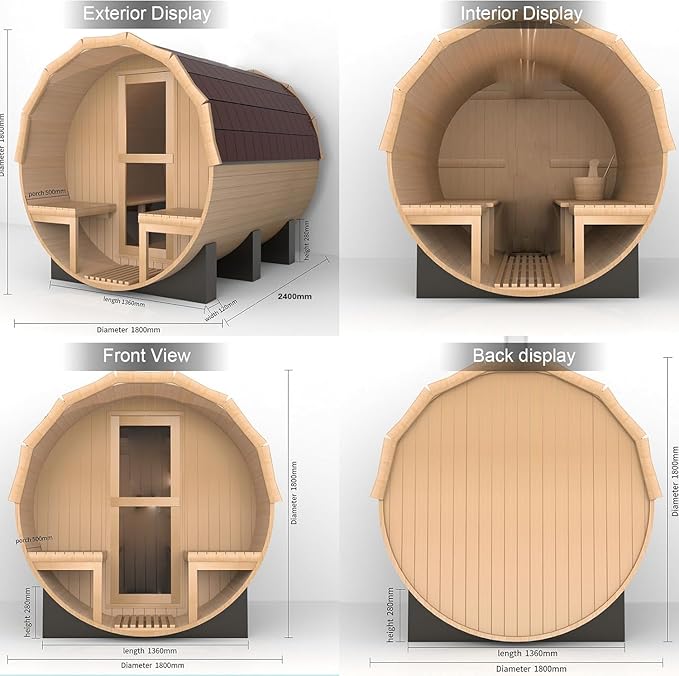 Outdoor Barrel Sauna, 6 Person Wood Steam Saunas Room with Porch, 6kw Toule Electric Heater with Sauna Stone, Canadian Cedar, Roof, 94.48”*70.86“*70.86“ (Cedar)