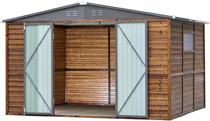 10x8 FT Wood Storage Shed, Outdoor Storage Shed with Lockable Door, Window & Vents, Waterproof Wooden Metal Tool Storage for Garden, Lawn, Backyard, Patio