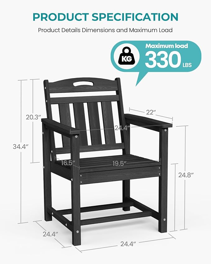 Set of 2 Weatherproof Patio Chairs - HDPE Outdoor Dining Chairs with Wide Seat, Ergonomic Design - for Garden, Backyard, Deck - Black