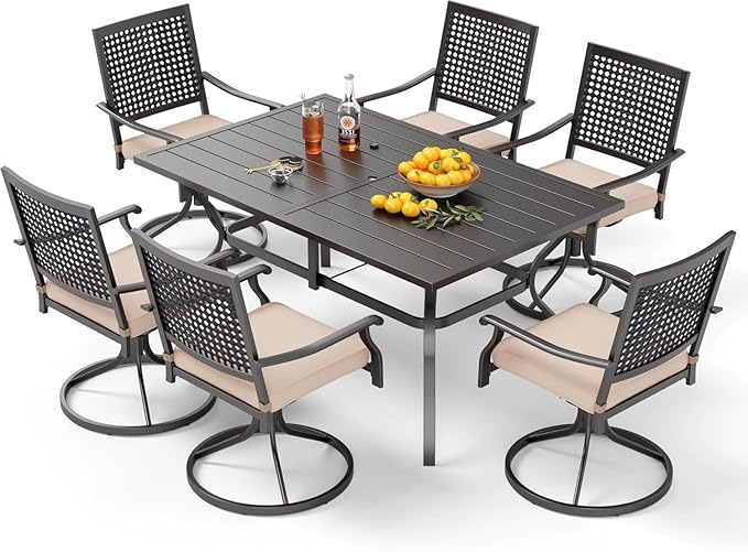 PHI VILLA 7 Pieces Outdoor Dining Set for 6, 60" Rectangle Metal Wrought Iron Table with Umbrella Hole & Swivel Steel Chairs with Cushions, Large Furniture Set for Patio, Deck, Porch, Yard