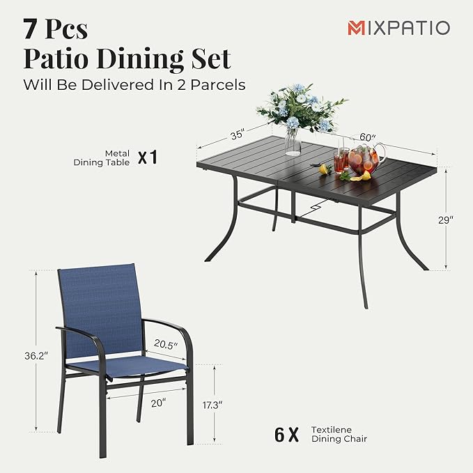 Patio Dining Set 7 Piece Outdoor Furniture Set with Metal Patio Dining Table with Umbrella Hole for Deck Garden Backyard Lawn Poolside