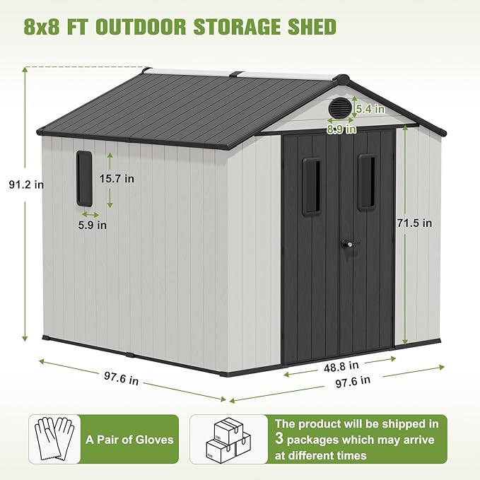 COOS BAY 8x8 Outdoor Resin Storage Shed with Floor, 2 Lockable Doors, All-Weather Durable Garden Shed for Tools & Equipment, White/Gray