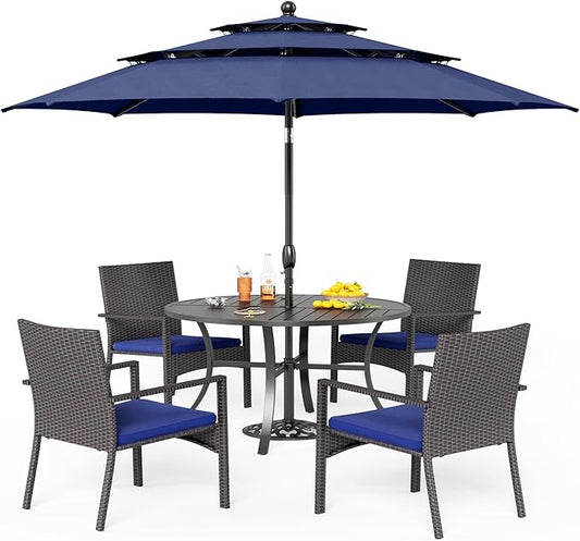 PHI VILLA 5 Pieces Outdoor Dining Set with Umbrella for 4, Round Metal Iron Dining Table & Wicker Chairs with Cushions & Large Blue Umbrella, Morden Dining Furniture for Patio, Deck, Yard, Porch