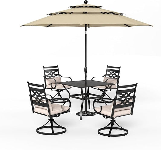Sophia & William Swivel Patio Dining Set for 4 | 10ft Patio Umbrella Beige | Removable Seat Cushions | Black 37" Patio Dining Table