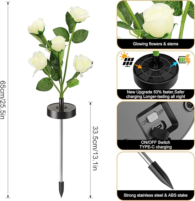 Solar Flowers Lights - Upgraded Outdoor White Rose Flowers Lights, 7-Color Changing & Waterproof Outdoor Solar Lights for Garden, Patio, Backyard,Party and Office (White Rose, 4)