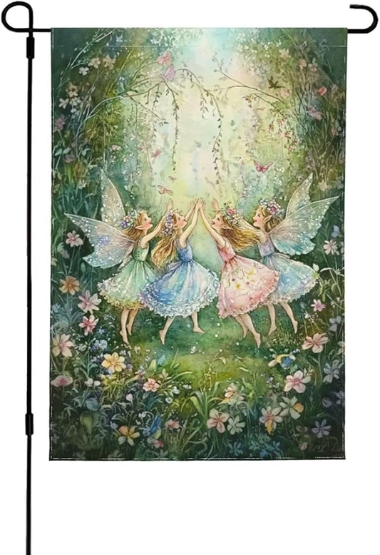 Fairy Flowers Garden Flag Vertical Double Sided Outdoor Yard Flags 12.5x18 Inch Burlap Banners for House Lawn