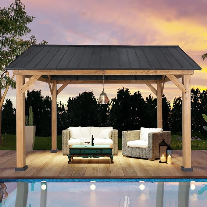 COOS BAY 11x13 Hardtop Gazebo with Cedar Wood Frame, Galvanized Steel Gable Roof Outdoor Pavilion for Garden, Lawn, Poolside, Patio, Deck, Natural Wood/Black