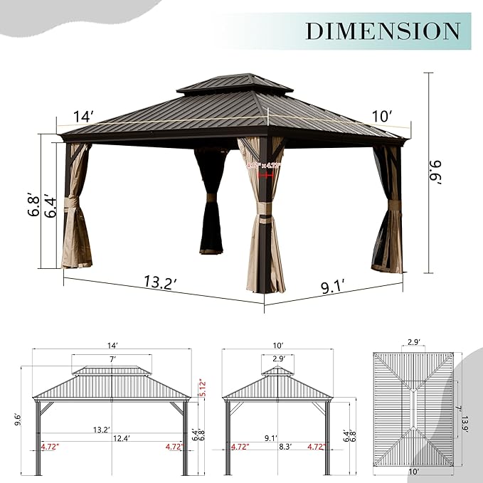Domi 10'x14' Hardtop Gazebo withGutters, Outdoor Aluminum Frame Canopywith Galvanized Steel Double Roof,Outdoor Permanent Metal Pavilion withCurtains and Netting for Patio, Backyardand Lawn Brown