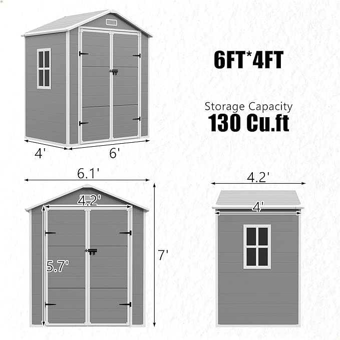 Outdoor Shed 5x3/6x4/7x7/8x6/8x10/8x12 FT, 15MM Thick PP Resin Plastic Shed with Lockable Door & Floor - Waterproof Plastic Tool Shed for Bike, Garbage Can, Backyard, Patio ﻿ ﻿ (Grey, 6x4FT)