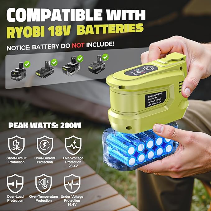 2PCS Real 200W Power Inverter for Ryobi, LIVOWALNY DC 18V to AC 110-120V Battery Inverter, Battery Adapter Phone Charger Converter 2 USB & 1 Type-C & 1 AC for Camping Essentials (Tool Only)
