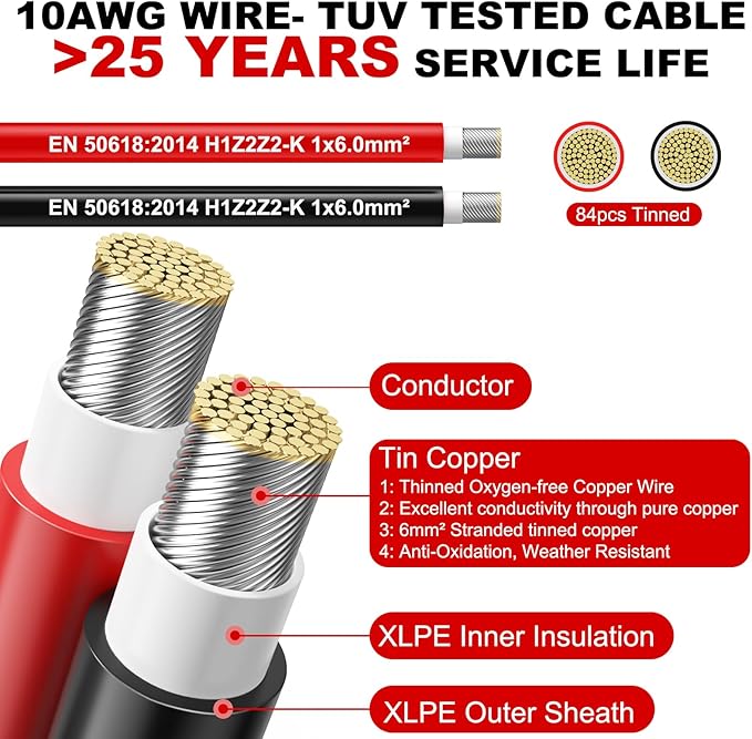 Oududianzi 2x65 Feet Solar Panel Wire, 10AWG Solar Wire Tinned Copper 10 Gauge Solar Cable PV Wire, for Outdoor Automotive RV Solar Panels Boat Marine (65FT Red + 65FT Black)