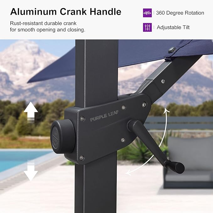 PURPLE LEAF 9' × 11.5' Patio Cantilever Umbrella with Base Outdoor Rectangle Adjustable Offset Umbrellas with 360-degree Rotation and 8 Heavy Duty Metal Ribs for Garden Deck Pool Navy Blue