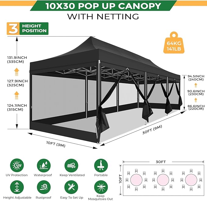 COBIZI 10x30 Heavy Duty Pop Up Canopy with 8 Sidewalls, Commercial Gazebo Party Tent with Mosquito Netting Wall Easy Set Up Outdoor Instant Screen Tent for Backyard, Patio, Garden, Black