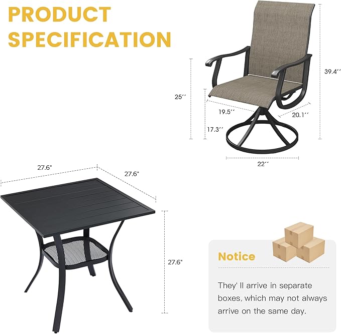 VICLLAX 3 Pieces Patio Dining Set Includes 28" Square Small Outdoor Table and 2 Patio Swivel Chairs for Lawn Garden, Black Tabletop and Mixed Brown Fabric