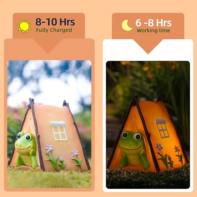 Solar Frog Garden Statues Outdoor Decor, Resin Outdoor Tent Statues with Solar Light, Yard Decorations Outdoor for Patio, Porch, Balcony, Lawn Ornaments, Housewarming Birthday Gifts for Mom Women