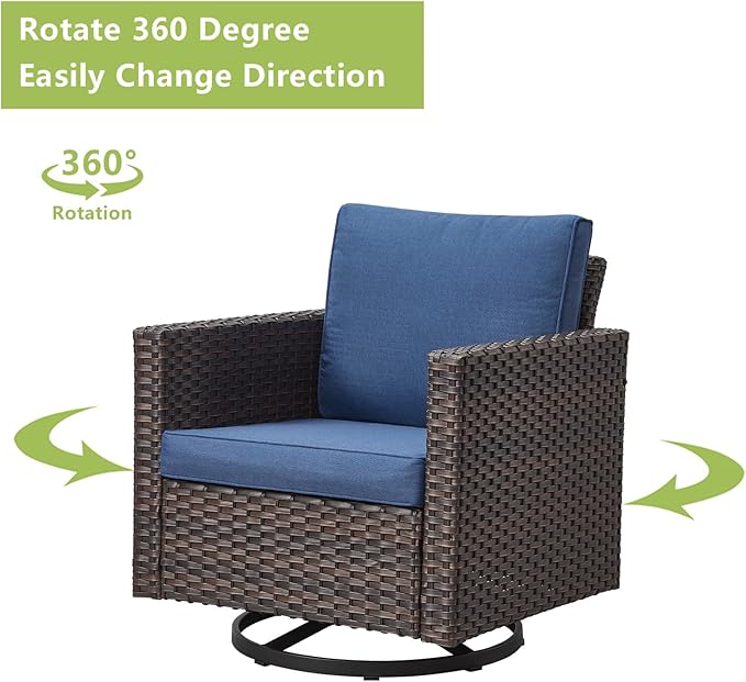 Rilyson Outdoor Patio Swivel Rocker Chairs - 3 Piece Wicker Patio Furniture Bistro Swivel Rocking Chairs Set with Comfortable Cushions,Sturdy Metal Frame and Side Table for Porch Deck(Brown/Blue)