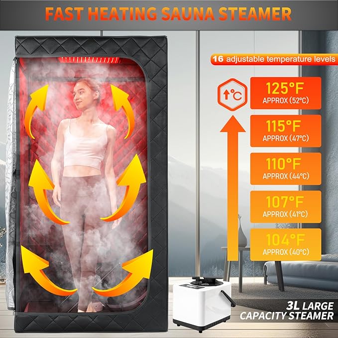 Infrared Red Light Therapy Sauna, Portable Steam and Infrared Sauna for Home, Full Body Sauna Tent for Relaxation, Large Infrared Sauna Box with 660nm Red Light, 3L&1100W Sauna Steamer