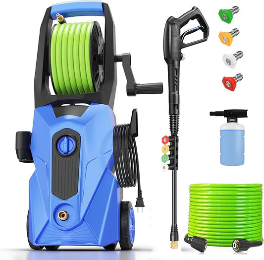 5000PSI Pressure Cleaner, 2025 New Power Cleaner with 33FT Flexible Extension Pressure Cleaner Hose Reel, 4 Nozzles, Professional Power Cleaners for Home/Car(Blue)