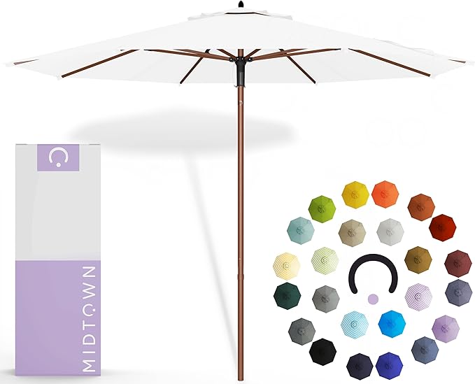 Midtown Umbrellas The Wooden 8 Feet Patio Umbrella With Terylast Ivory (White) Polyester Fabric - Aluminum Frame Market Umbrella For Backyard, Deck, Garden, Pool - Wooden Pole