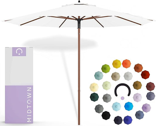 Midtown Umbrellas The Wooden 9 Feet Patio Umbrella With Terylast Ivory (White) Polyester Fabric - Aluminum Frame Market Umbrella For Backyard, Deck, Garden, Pool - Wooden Pole