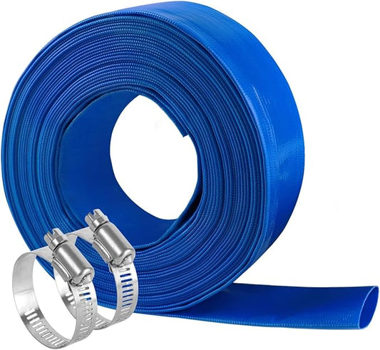 Eastrans 2" x 100 FT Heavy Duty Pool Backwash Hose, Reinforced PVC Lay Flat Discharge Hose, Weather Resistant & Burst Resistant with 2 Hose Clamps