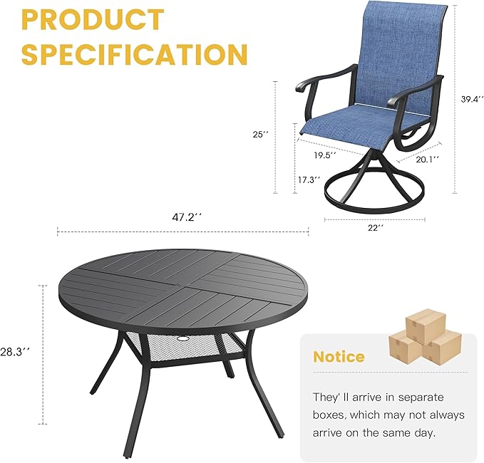 VICLLAX 7 Pieces Patio Dining Set for 6, Outdoor Furniture Set Includes 47.2" Outdoor Round Table and 6 Patio Swivel Chairs for Lawn Garden, Black Tabletop and Blue Fabric