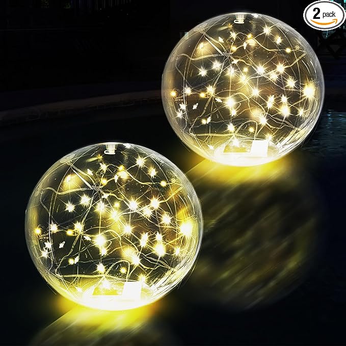Solar Powered Floating Pool Lights - 14" Inflatable Waterproof Floating Light UP Pool Glow Balls, 3000K Warm-White Led Pool Lights That Float for Party Decorations, Outdoor Patio Detor (2)